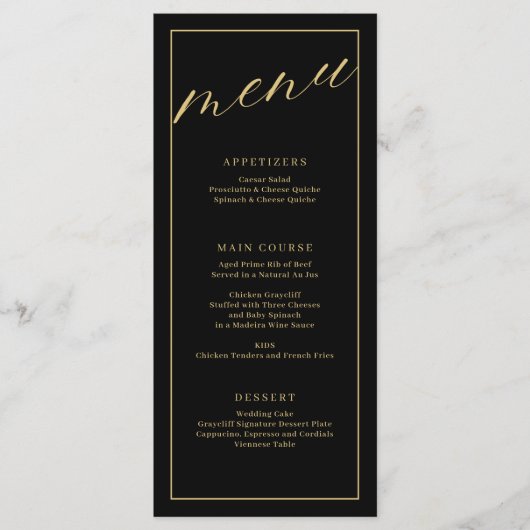 Elegant zwart-wit huwelijksmenu met script menu (Voorkant)