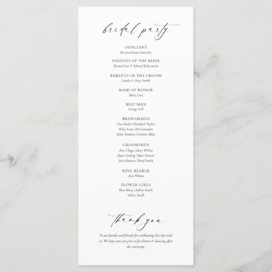 Elegant zwart-wit huwelijksprogramma menu (Achterkant)