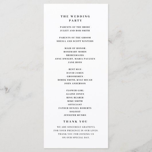 Elegant zwart-wit huwelijksprogramma programmakaart (Achterkant)