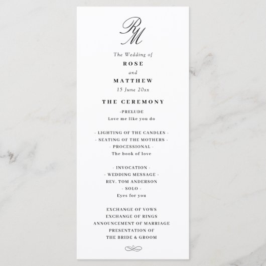 Elegant zwart-wit huwelijksprogramma programmakaart (Voorkant)