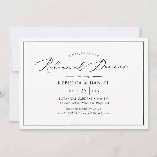Elegant Zwart-Wit Huwelijksrepetitie Diner Kaart (Voorkant)