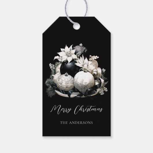 Elegant zwart-wit ivoor Kerstversiering Cadeaulabel (Voorkant)