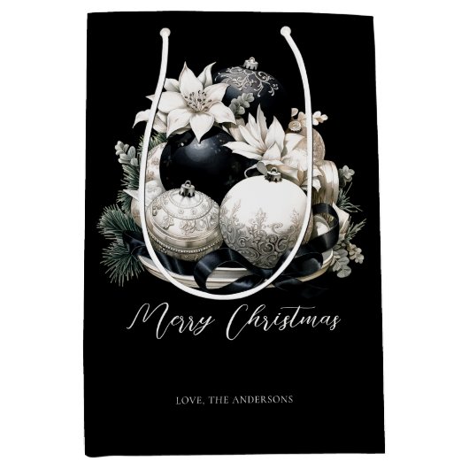 Elegant zwart-wit ivoor Kerstversiering Medium Cadeauzakje (Voorkant)