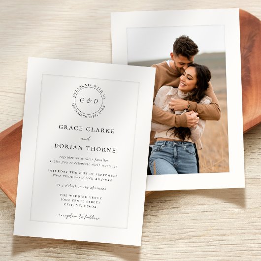 Elegant zwart wit ivoor Platemark Fotobruiloft Kaart