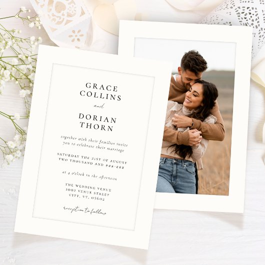 Elegant zwart wit ivoor Platemark Fotobruiloft Kaart