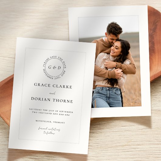 Elegant zwart wit ivoor Platemark Fotobruiloft Save The Date