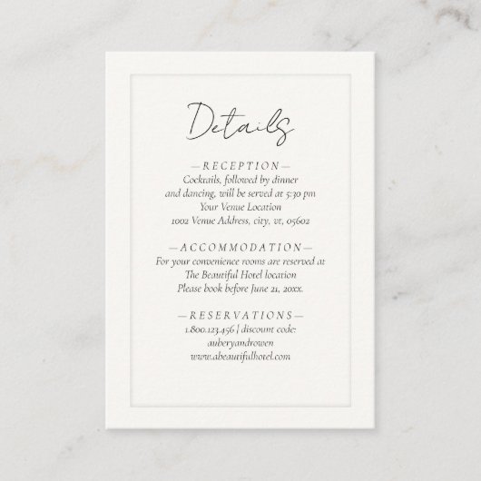 Elegant zwart wit ivoor Platemark Trouwdetail Informatiekaartje (Voorkant)