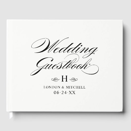 Elegant Zwart Wit Kalligrafie Bruiloft Monogram Gastenboek (Voorkant)