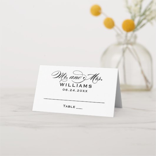 Elegant Zwart Wit Kalligrafie Bruiloft Monogram Plaatskaartje (Voorkant)