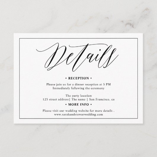 Elegant Zwart wit kalligrafie details bruiloft Informatiekaartje (Voorkant)