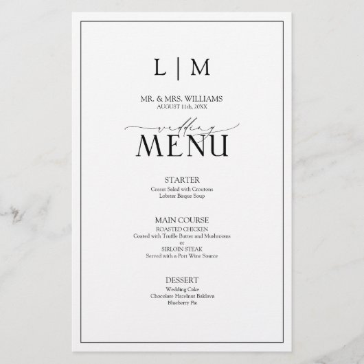 Elegant zwart-wit kalligrafie Monogram Menu (Voorkant)