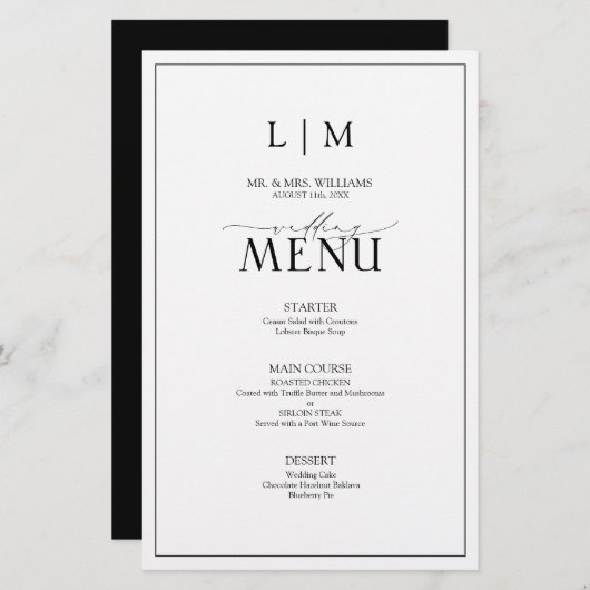 Elegant zwart-wit kalligrafie Monogram Menu (Voorkant / Achterkant)