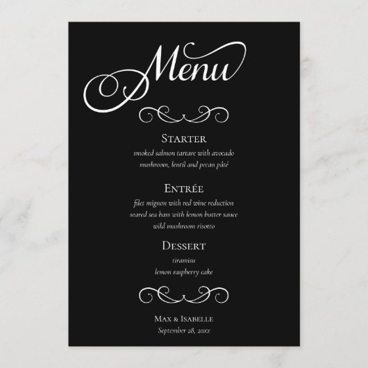 Elegant Zwart-Wit Kalligrafie Script Bruiloft Menu (Voorkant)