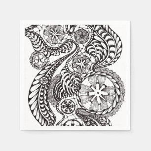 Elegant zwart-wit kant Zen Doodle bloempatroon Servet