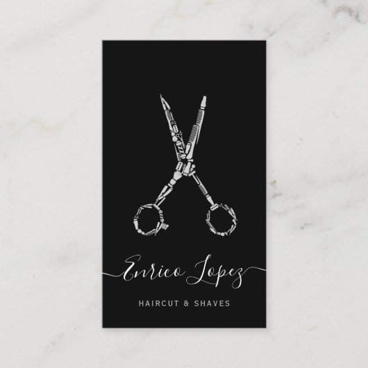 Elegant zwart-wit kapsel en scheerschors visitekaartje (Voorkant)