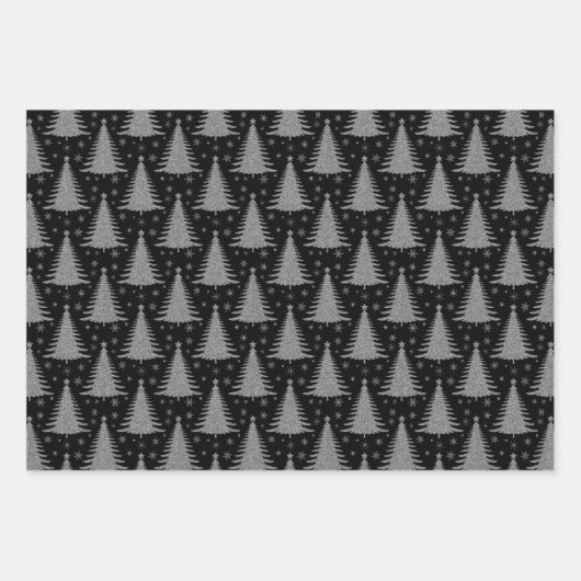 Elegant Zwart Wit Kerstboom Patroon Glitter Inpakpapier Vel (Voorkant 2)