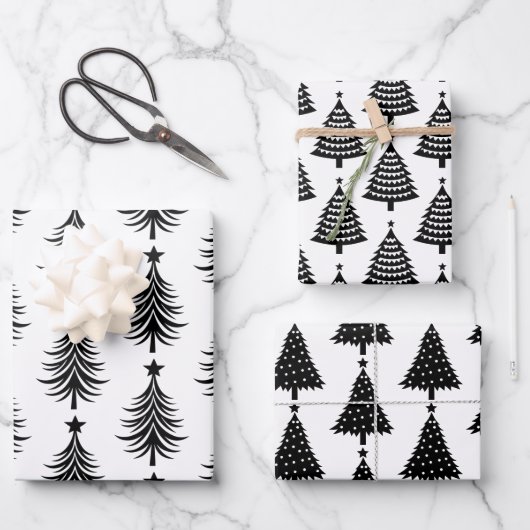 Elegant zwart-wit kerstboom patroon inpakpapier vel (Voorkant)
