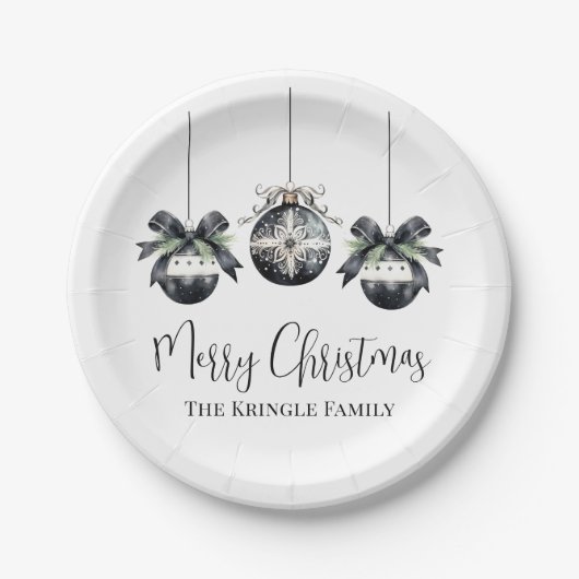 Elegant zwart wit kerstfeest papieren bordje (Voorkant)