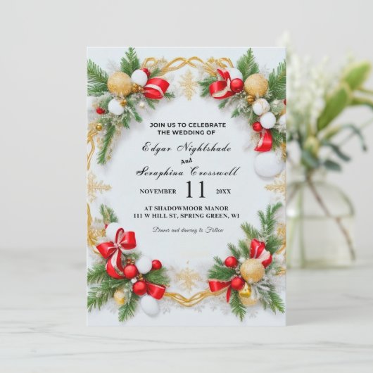 Elegant Zwart Wit Kerstmis Bruiloft Uitnodigingen (Staand voorkant)