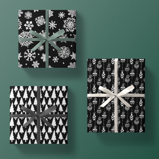 Elegant Zwart Wit Kerstmis Patroon Trio Gift Inpakpapier Vel
