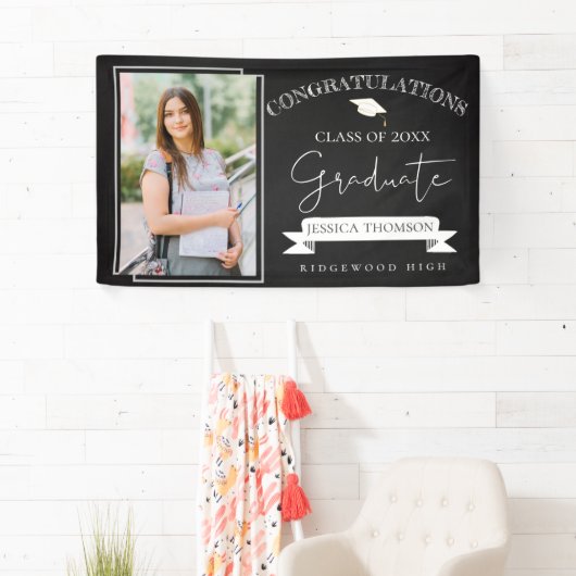 Elegant zwart wit klasse van 2025 foto Afstuderen Spandoek (Insitu)