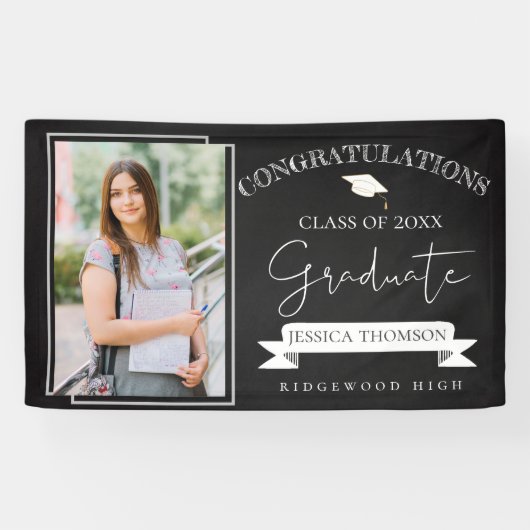 Elegant zwart wit klasse van 2025 foto Afstuderen Spandoek (Horizontaal)