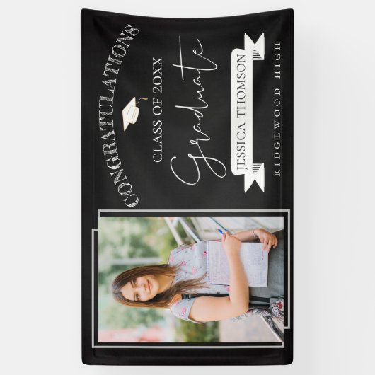 Elegant zwart wit klasse van 2025 foto Afstuderen Spandoek (Verticaal)