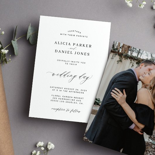 Elegant zwart-wit klassiek aangepast fotohuwelijk kaart