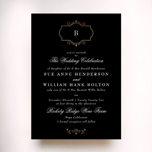 Elegant Zwart Wit Klassiek Goud Monogram Bruiloft Kaart