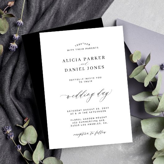 Elegant zwart-wit klassiek minimalistisch huwelijk kaart