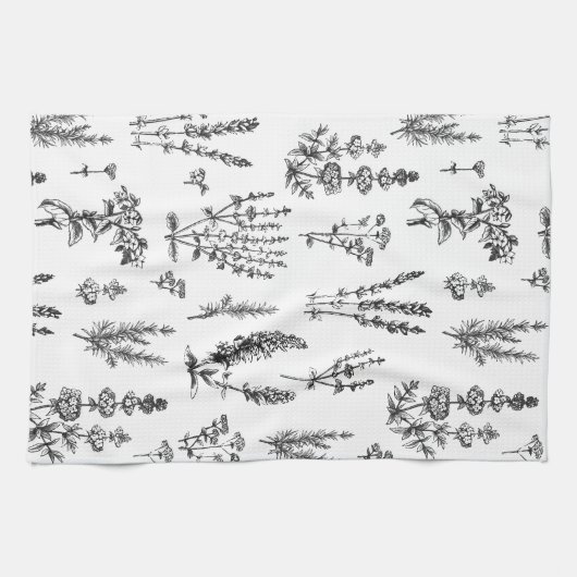 Elegant zwart wit kruiden tuin patroon theedoek (Horizontaal)