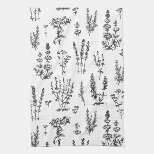Elegant zwart wit kruiden tuin patroon theedoek (Verticaal)
