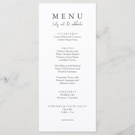 Elegant Zwart & Wit Let's Eat Script Bruiloft Menu (Voorkant)