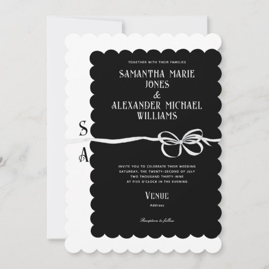 Elegant zwart wit lint boog monogram bruiloft kaart (Voorkant)