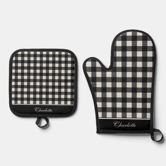 Elegant Zwart & Wit Lumberjack Plaid Custom Ovenwant & Pannenlap Set (Voorkant)