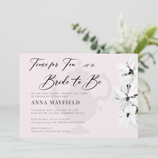 Elegant Zwart Wit Magnolia Tijd voor Theebruids Kaart (Staand voorkant)