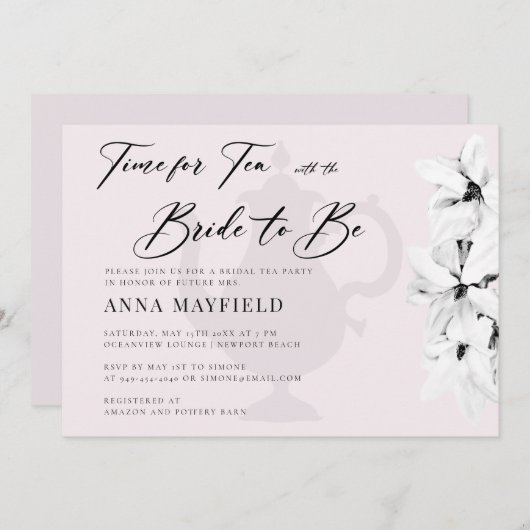 Elegant Zwart Wit Magnolia Tijd voor Theebruids Kaart (Voorkant / Achterkant)