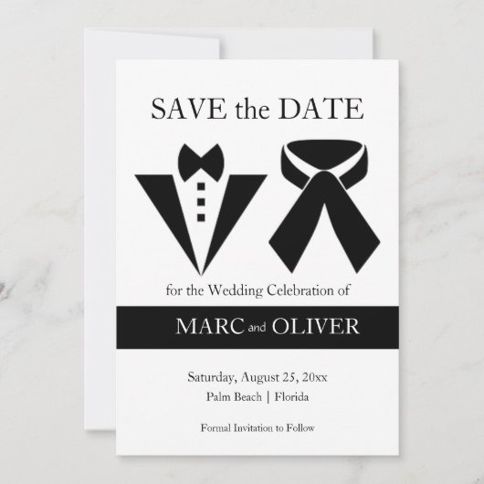 Elegant Zwart-wit Mannen Paar Bruiloft Save The Date (Voorkant)