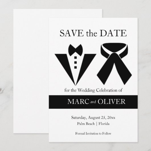 Elegant Zwart-wit Mannen Paar Bruiloft Save The Date (Voorkant / Achterkant)