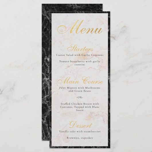Elegant zwart wit marmer faux goud folie script menu (Voorkant / Achterkant)