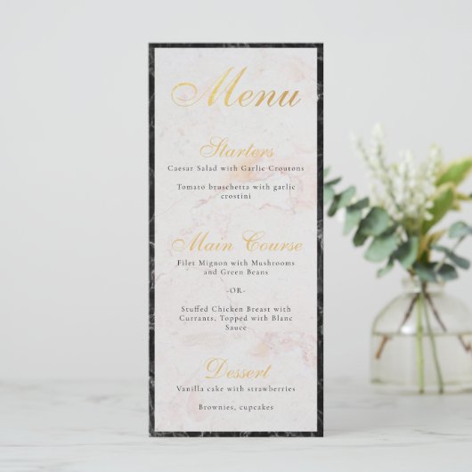 Elegant zwart wit marmer faux goud folie script menu (Staand voorkant)