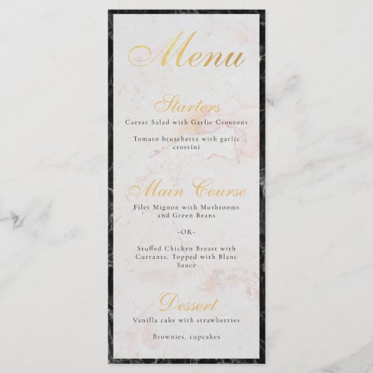 Elegant zwart wit marmer faux goud folie script menu (Voorkant)