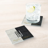 Elegant zwart-wit marmer monogram glazen onderzetter (Schuin)