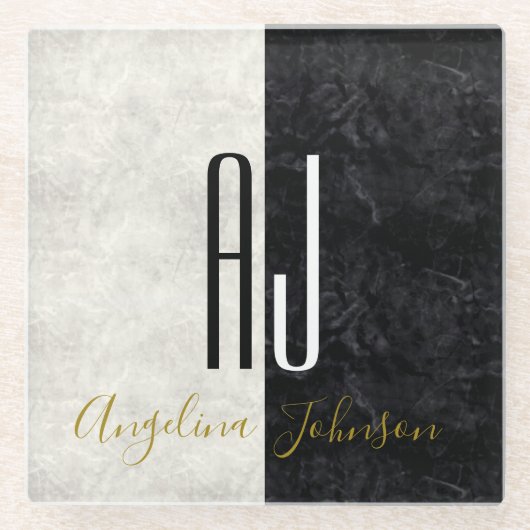 Elegant zwart-wit marmer monogram glazen onderzetter (Voorkant)