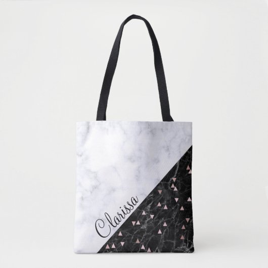 elegant zwart wit marmer roos goud geometrisch tote bag (Voorkant)