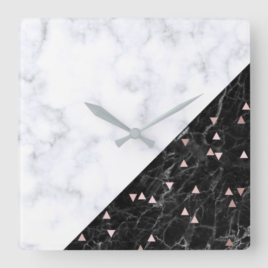 elegant zwart wit marmer roos goud geometrisch vierkante klok (Voorkant)
