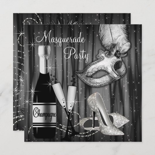 Elegant zwart wit Masquerade Party Kaart (Voorkant / Achterkant)