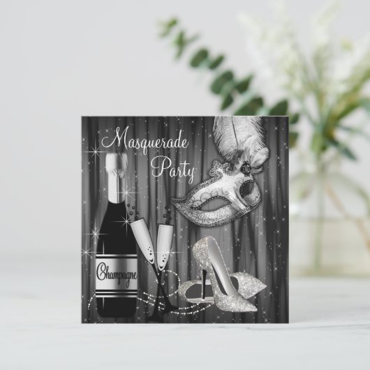 Elegant zwart wit Masquerade Party Kaart (Staand voorkant)