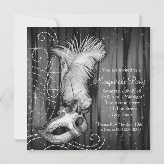 Elegant zwart wit Masquerade Party Kaart (Achterkant)