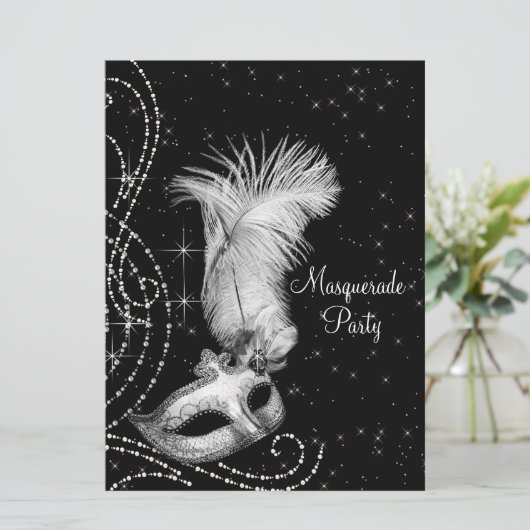 Elegant zwart wit Masquerade Party Kaart (Staand voorkant)